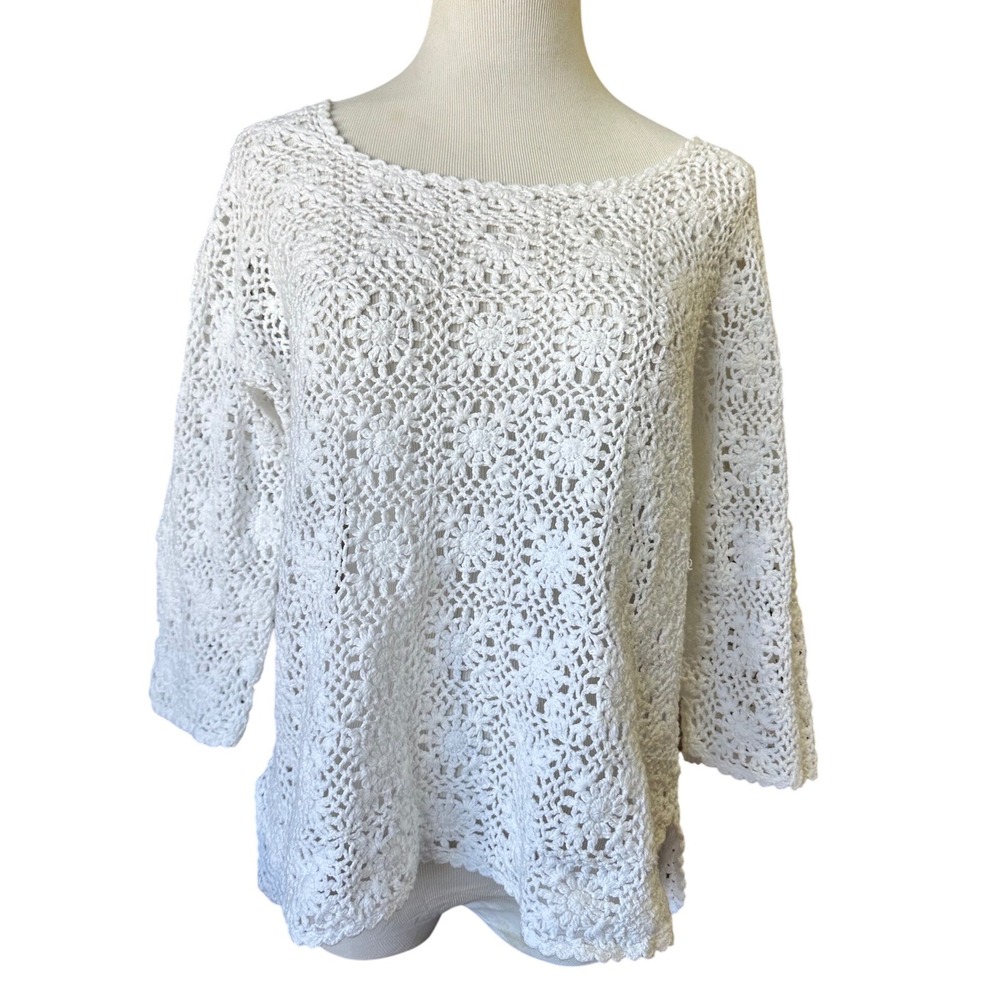 Coldwater Creek White Crochet Floral 3/4 Sleeve Boat Neck‎ Top PM Cottagecore